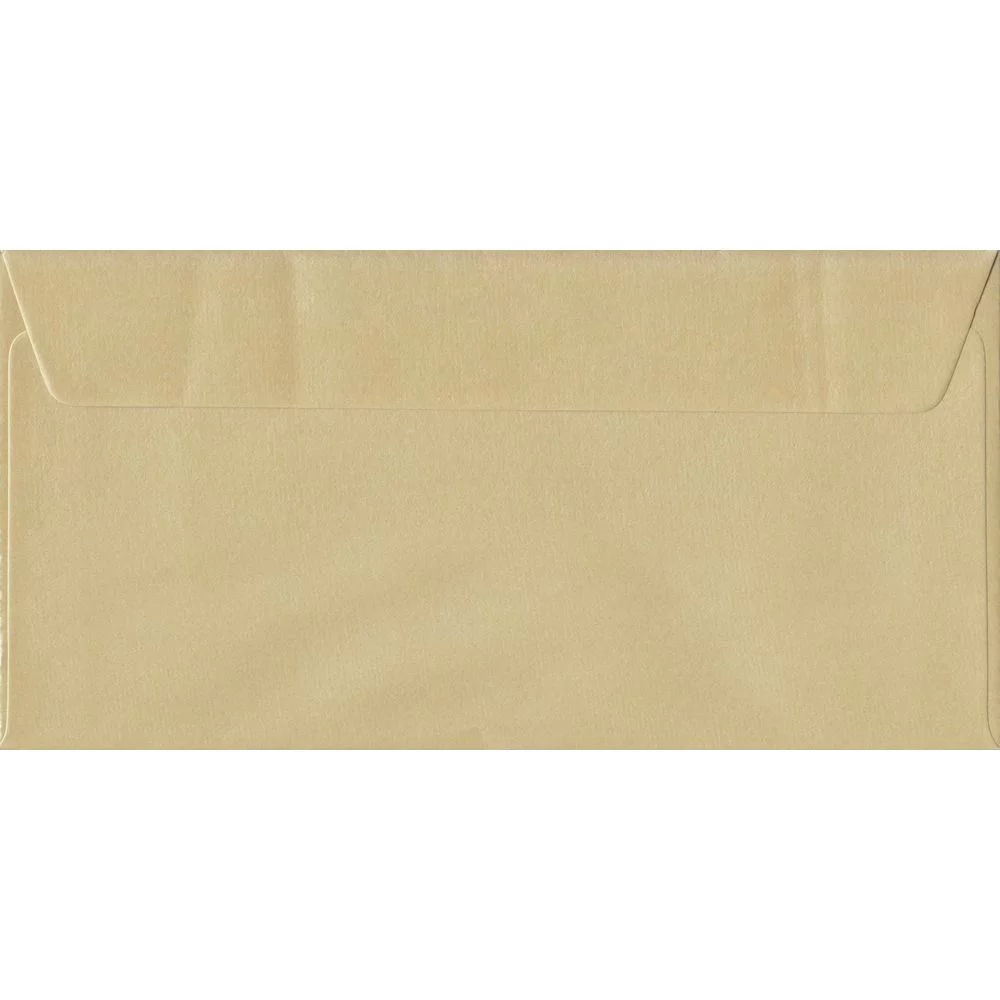 100 DL Champagne Envelopes. Pearl Champagne. 110mm x 220mm. 100gsm paper. Peel/Seal Flap.