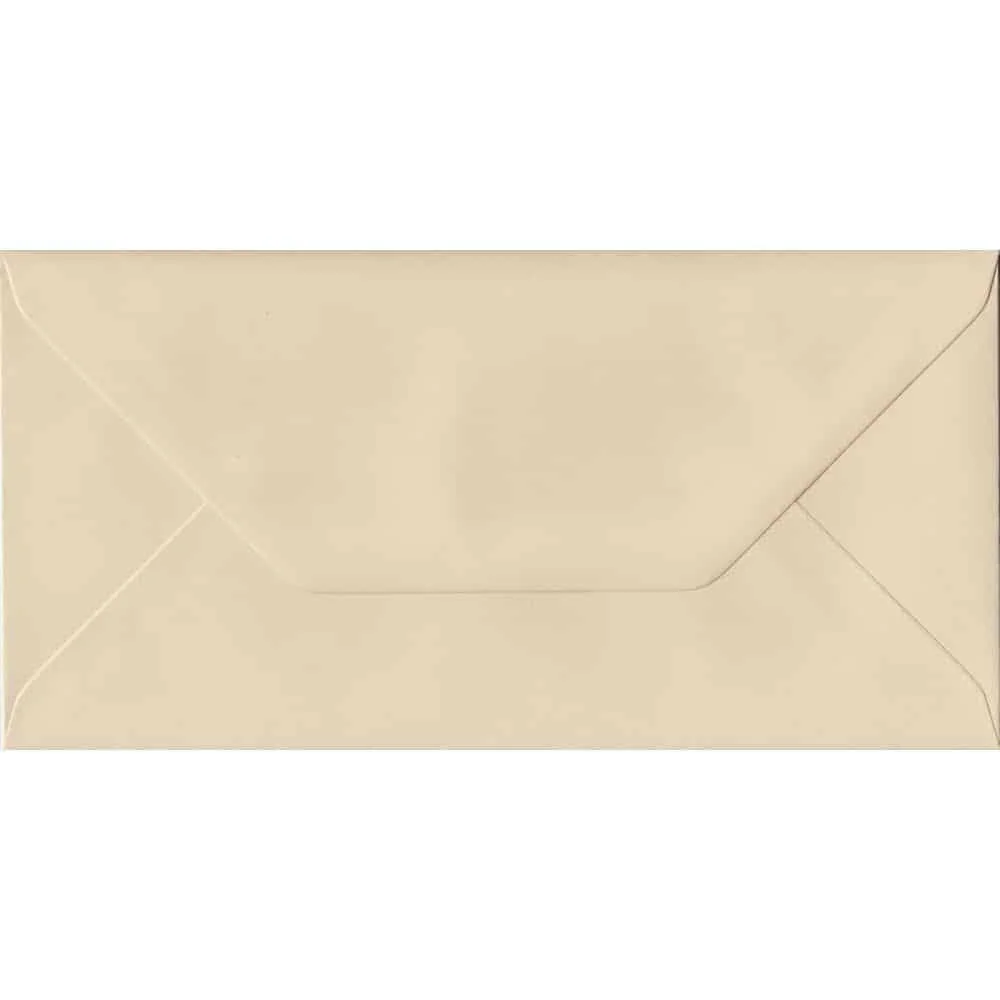 100 DL Cream Envelopes. Cream. 110mm x 220mm. 100gsm paper. Gummed Flap.