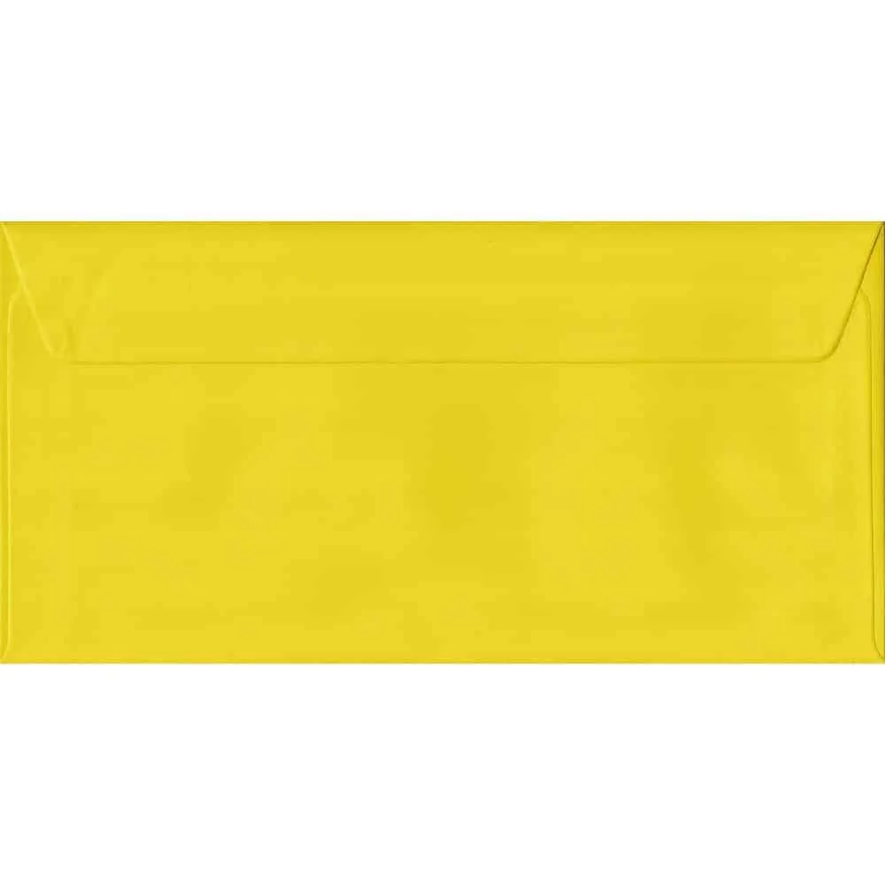 100 DL Yellow Envelopes. Daffodil Yellow. 110mm x 220mm. 100gsm paper. Peel/Seal Flap.
