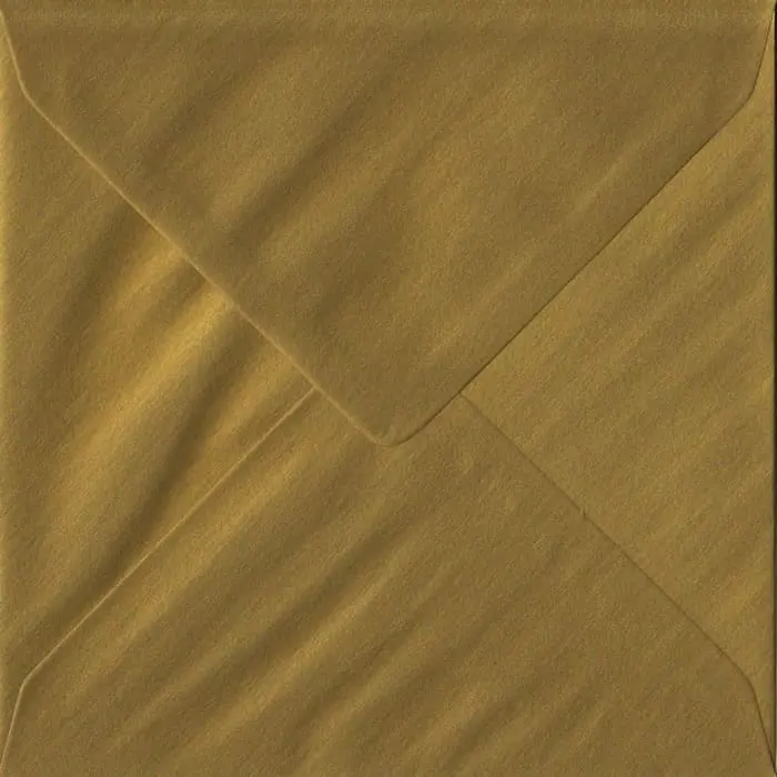 100 Square Gold Envelopes. Metallic Gold. 155mm x 155mm. 100gsm paper. Gummed Flap.