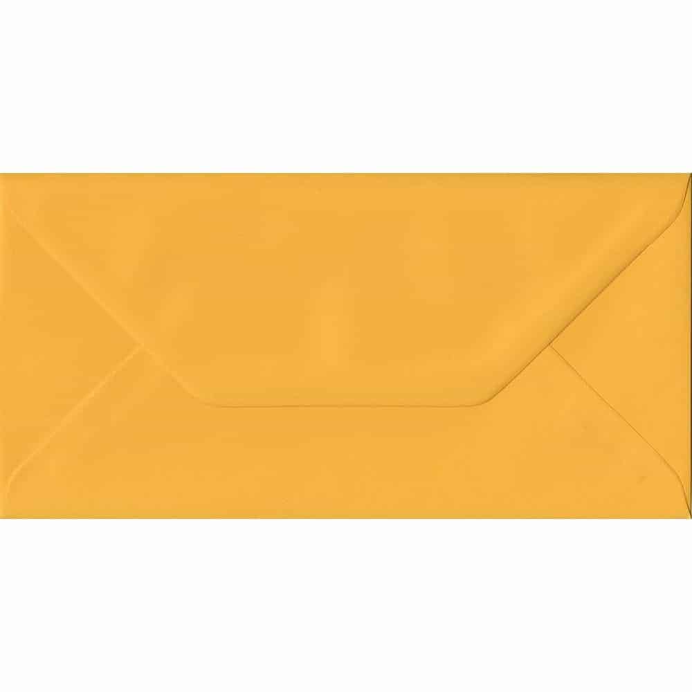 100 DL Yellow Envelopes. Golden Yellow. 110mm x 220mm. 100gsm paper. Gummed Flap.