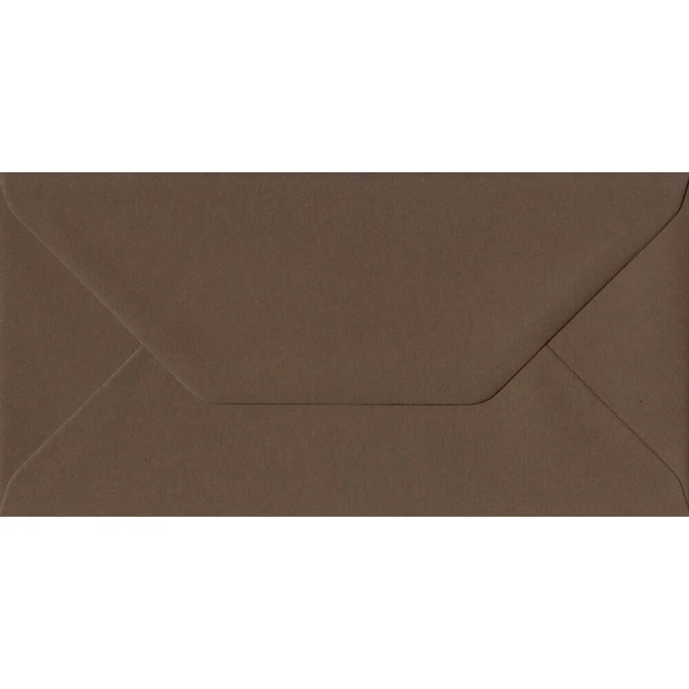 100 DL Brown Envelopes. Chocolate Brown. 110mm x 220mm. 100gsm paper. Gummed Flap.