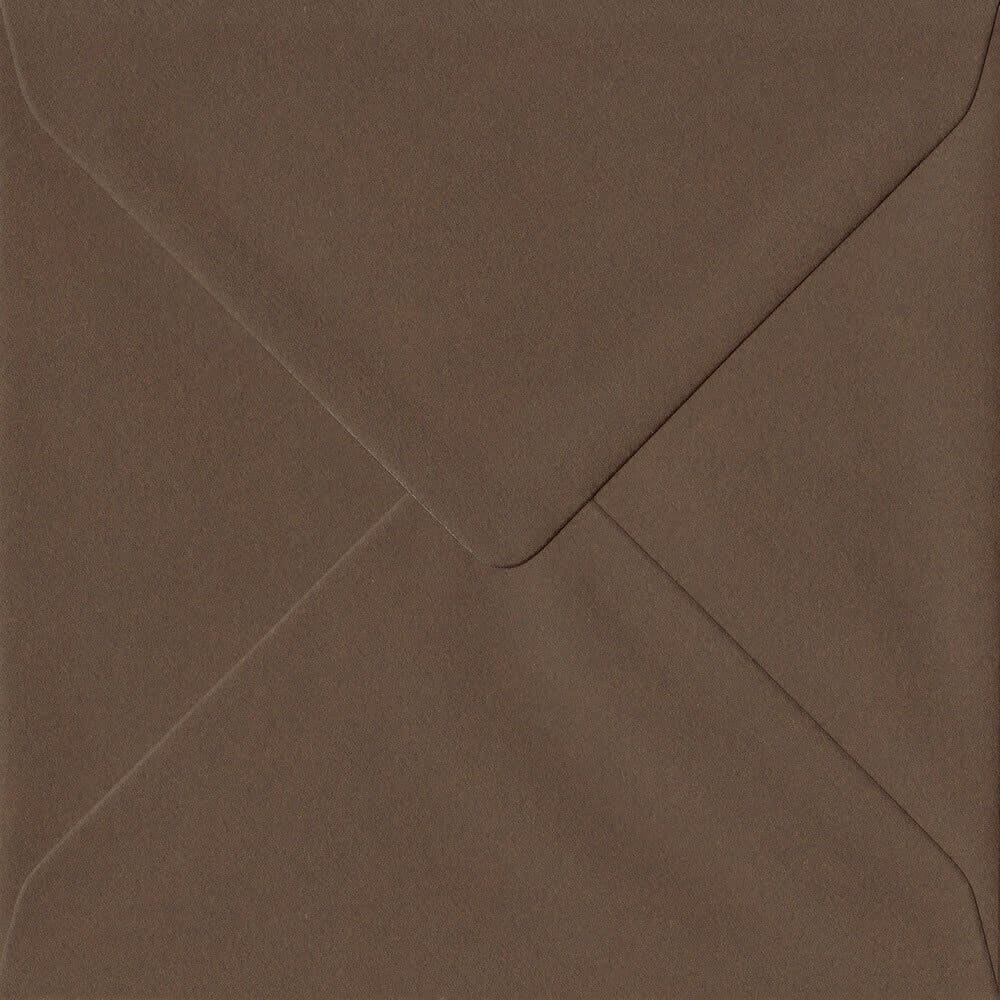 100 Square Brown Envelopes. Chocolate Brown. 155mm x 155mm. 100gsm paper. Gummed Flap.