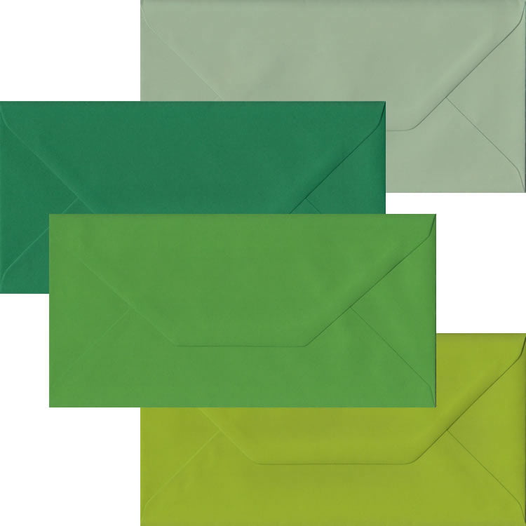 100 Shades Of Green DL Envelopes. Gummed Flap. Multi-Colour 100gsm Smooth Finish. 110mm x 220mm.