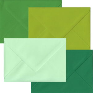 100 Shades Of Green 5 x 7 inch Envelopes. Gummed Flap. Multi-Colour 100gsm Smooth Finish. 133mm x 184mm.