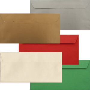 50 Luxury Xmas Colours DL+ Envelope. Peel/Seal Flap. Multi-Colour 120gsm Smooth Finish. 114mm x 229mm.