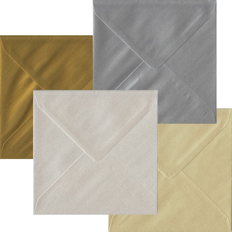 100 Metallic Square Envelopes. Gummed Flap. Multi-Colour 100gsm Pearlescent Finish. 155mm x 155mm.