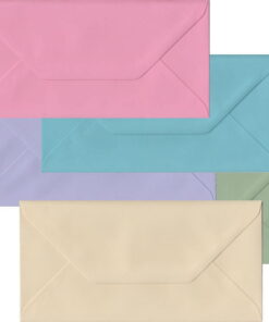 100 Pale Pastel DL Envelopes. Gummed Flap. Multi-Colour 100gsm Smooth Finish. 110mm x 220mm.