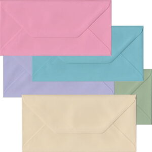 100 Pale Pastel DL Envelopes. Gummed Flap. Multi-Colour 100gsm Smooth Finish. 110mm x 220mm.