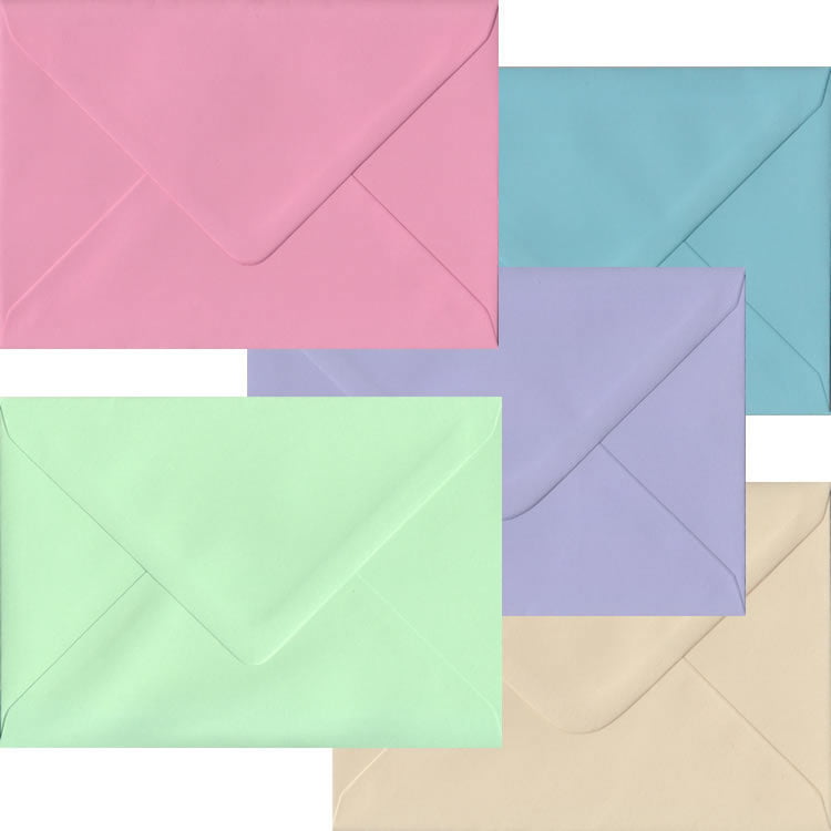 100 Pale Pastel 5 x 7 inch Envelopes. Gummed Flap. Multi-Colour 100gsm Smooth Finish. 133mm x 184mm.