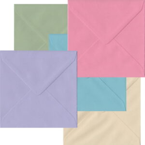100 Pale Pastel Small Square Envelopes. Gummed Flap. Multi-Colour 100gsm Smooth Finish. 130mm x 130mm.