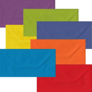 105 Rainbow Spectrum DL Envelopes. Gummed Flap. Multi-Colour 100gsm Smooth Finish. 110mm x 220mm.