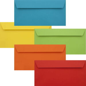 50 Luxury Vibrant Colour DL+ Envelopes. Peel/Seal Flap. Multi-Colour 120gsm Smooth Finish. 110mm x 220mm.