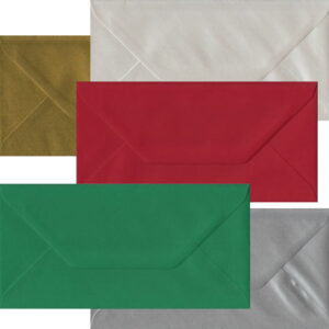 50 Festive Christmas DL Envelopes. Gummed Flap. Multi-Colour 100gsm Smooth Finish. 110mm x 220mm.