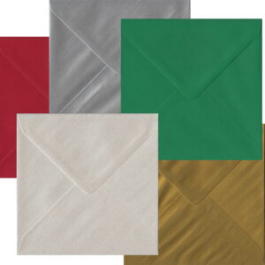 50 Festive Christmas Small Square Envelopes. Gummed Flap. Multi-Colour 100gsm Smooth Finish. 130mm x 130mm.