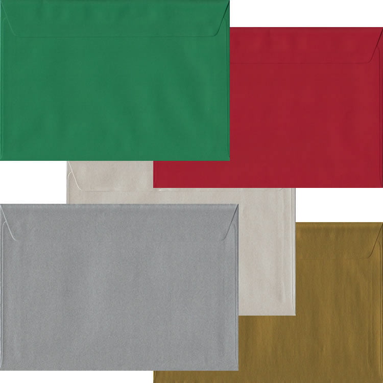 50 Festive Christmas C5 Envelopes (to fit A5). Peel/Seal Flap. Multi-Colour 100gsm Smooth Finish. 162mm x 229mm.