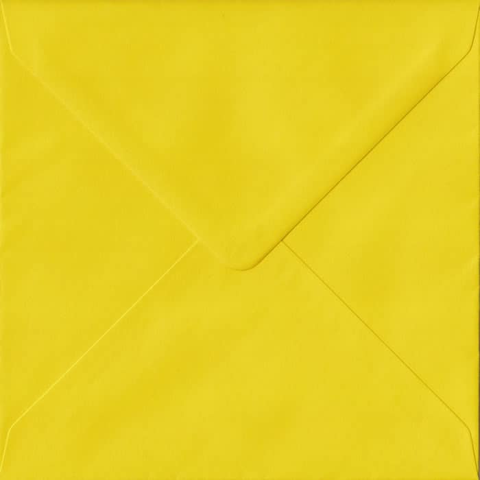 100 Square Yellow Envelopes. Daffodil Yellow. 155mm x 155mm. 100gsm paper. Gummed Flap.