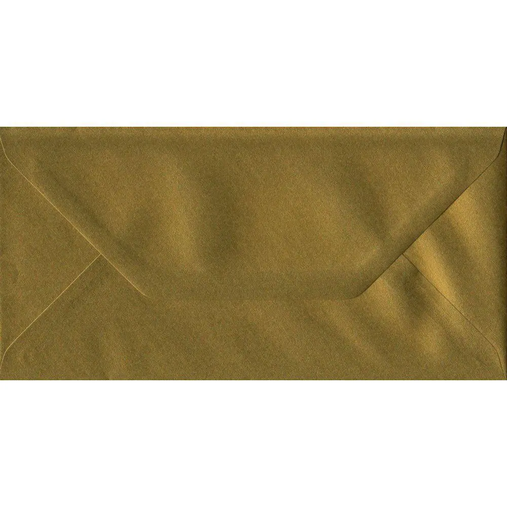 100 DL Gold Envelopes. Metallic Gold. 110mm x 220mm. 100gsm paper. Gummed Flap.