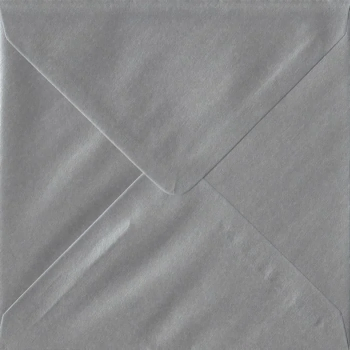 100 Square Silver Envelopes. Metallic Silver. 155mm x 155mm. 100gsm paper. Gummed Flap.