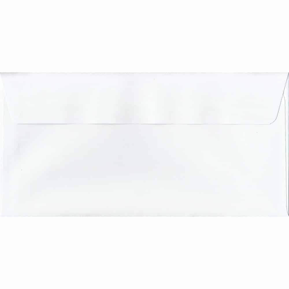 100 DL White Envelopes. White. 110mm x 220mm. 120gsm paper. Peel/Seal Flap.
