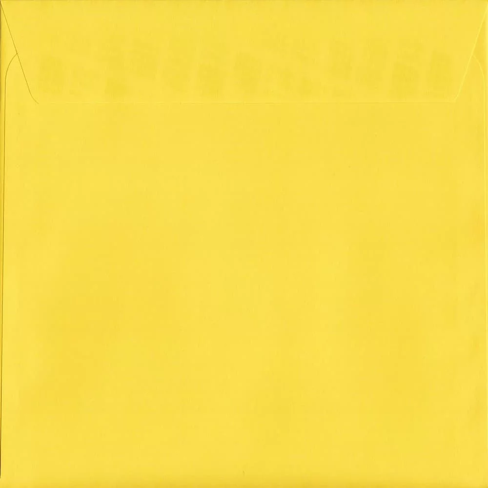 100 Square Yellow Envelopes. Canary Yellow. 160mm x 160mm. 120gsm paper. Peel/Seal Flap.
