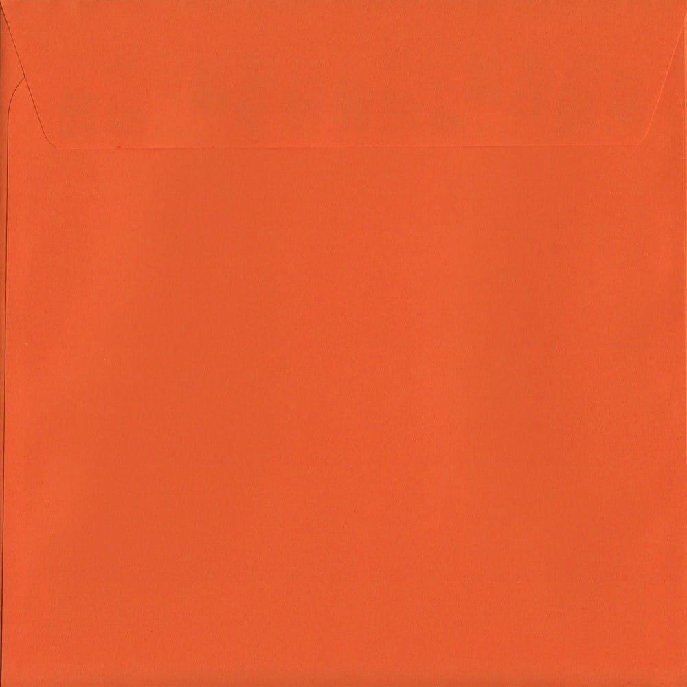 100 Square Orange Envelopes. Sunset Orange. 160mm x 160mm. 120gsm paper. Peel/Seal Flap.